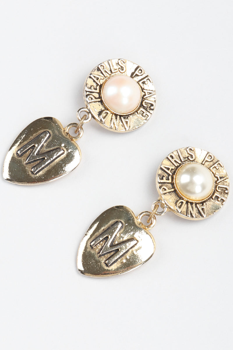 Recess Los Angeles Vintage Moschino Peace & Pearls Heart Drop Earrings