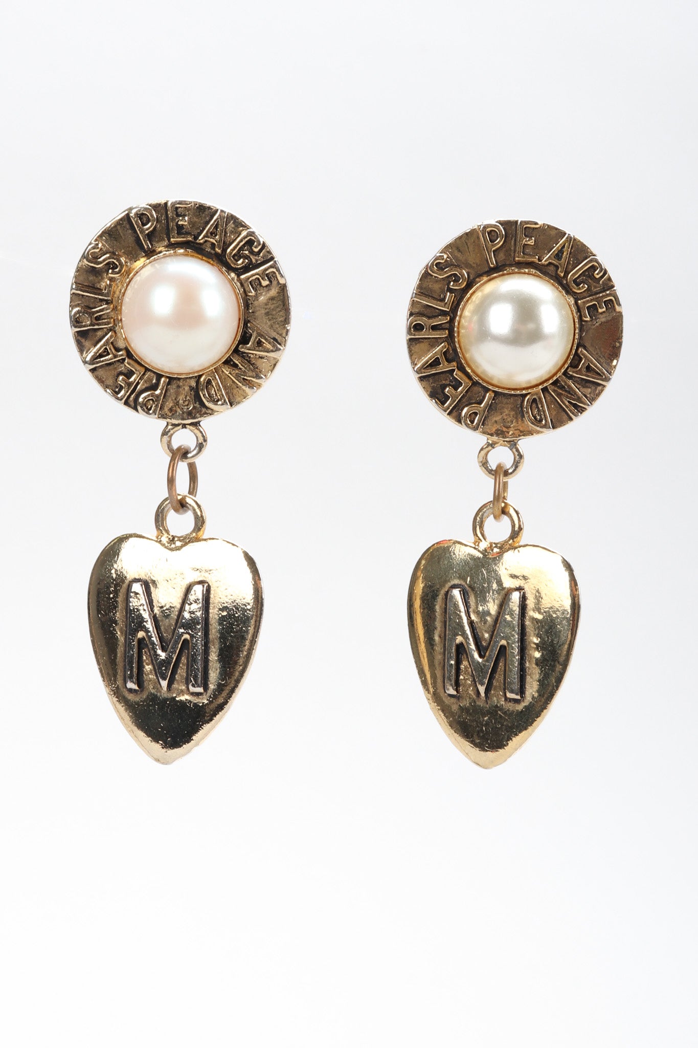 Recess Los Angeles Vintage Moschino Peace & Pearls Heart Drop Earrings