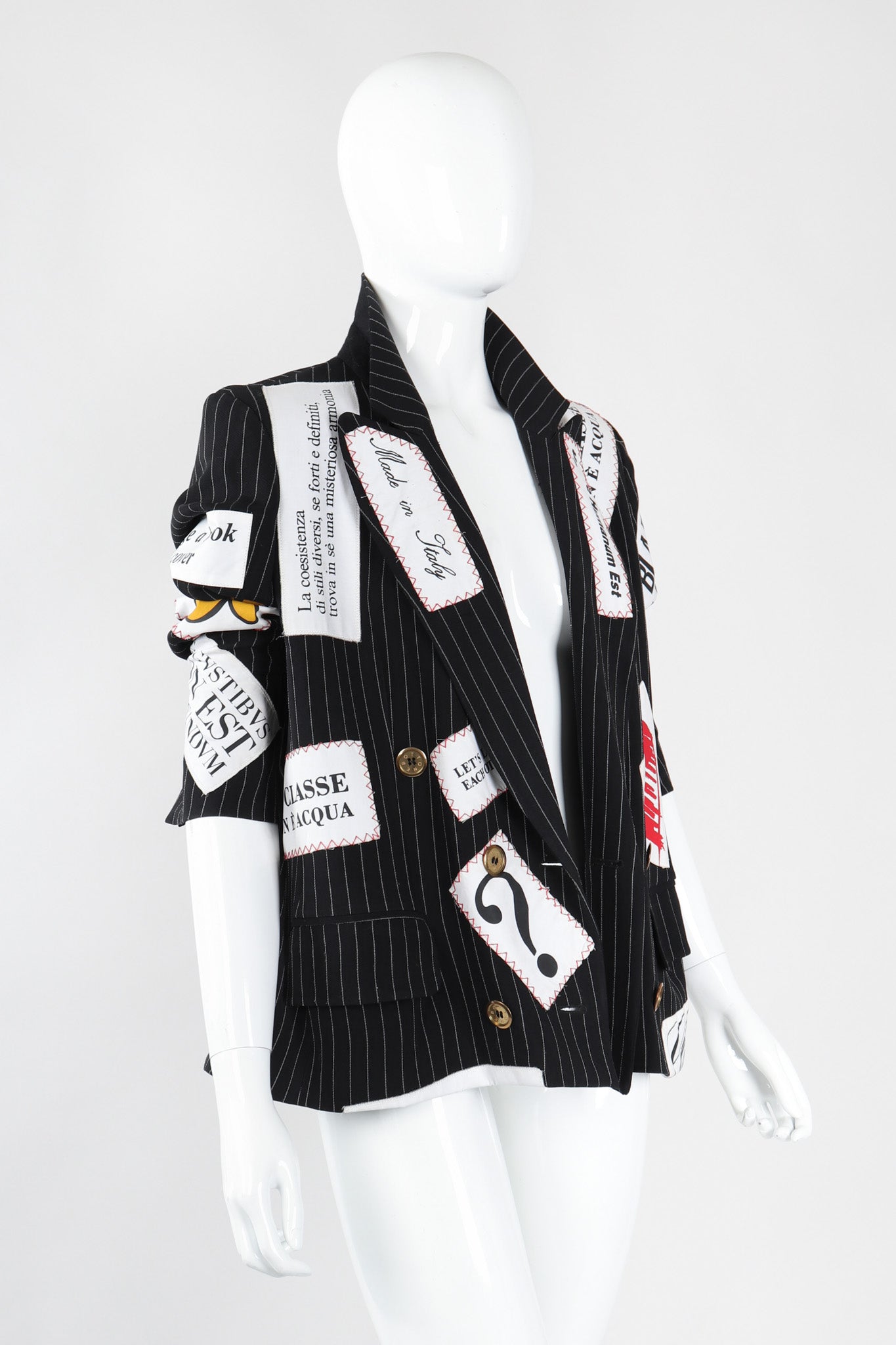 Recess Los Angeles Vintage Moschino Couture Repetita Juvant Jeremy Scott Anarchy Anarchist Label Appliqué Rebel Pinstripe Jacket