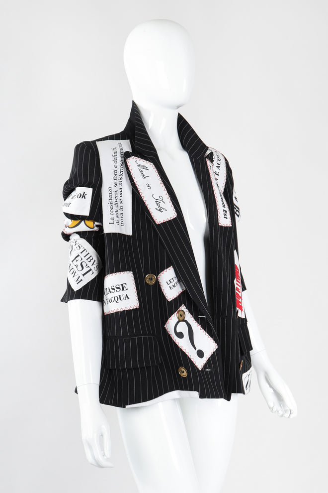 Recess Los Angeles Vintage Moschino Couture Repetita Juvant Jeremy Scott Anarchy Anarchist Label Appliqué Rebel Pinstripe Jacket