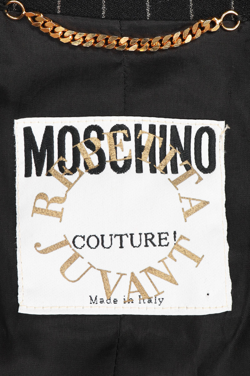 Recess Los Angeles Vintage Moschino Couture Repetita Juvant Jeremy Scott Anarchy Anarchist Label Appliqué Rebel Pinstripe Jacket