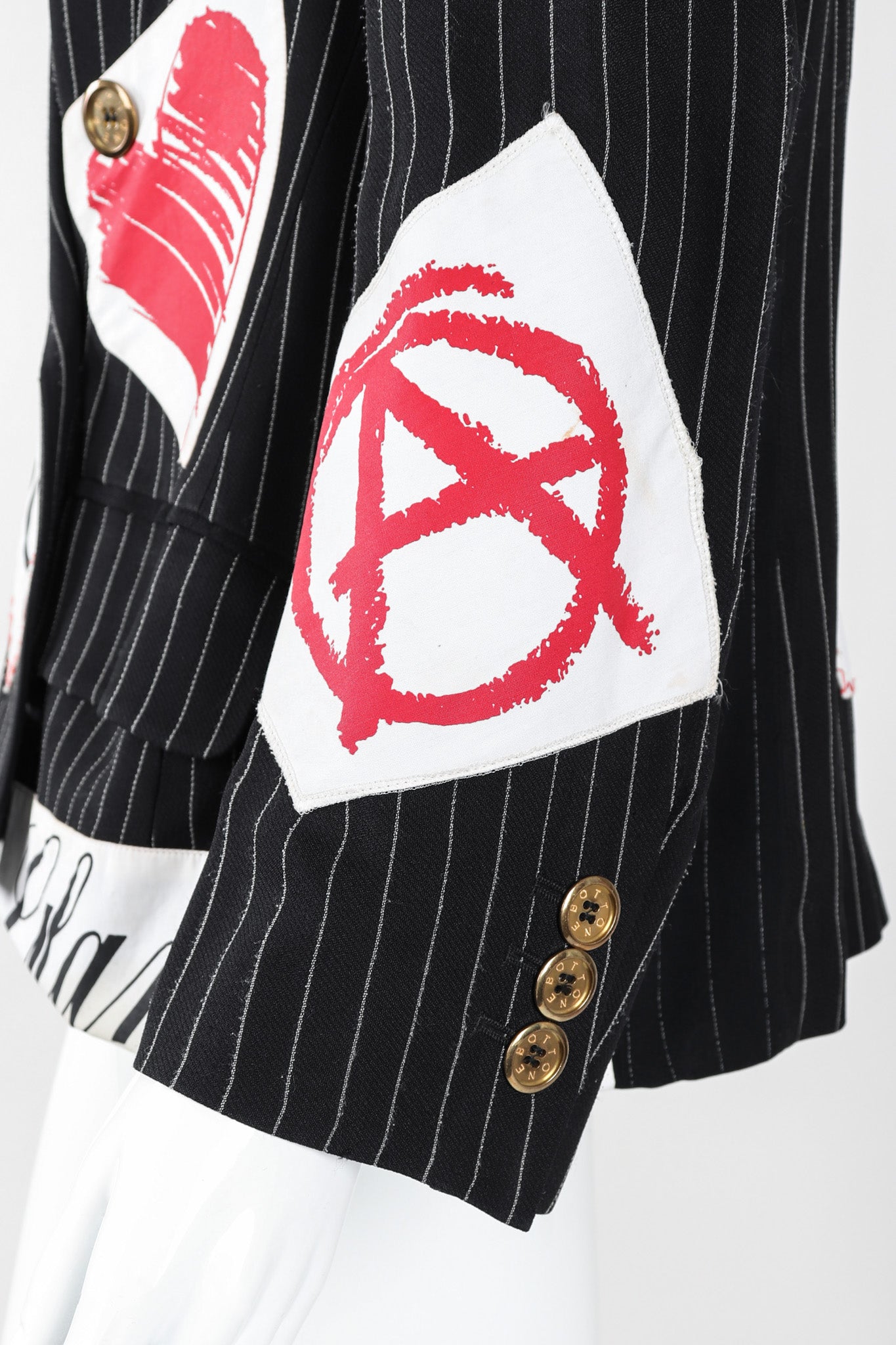 Recess Los Angeles Vintage Moschino Jeremy Scott Anarchy Anarchist Label Appliqué Rebel Pinstripe Jacket
