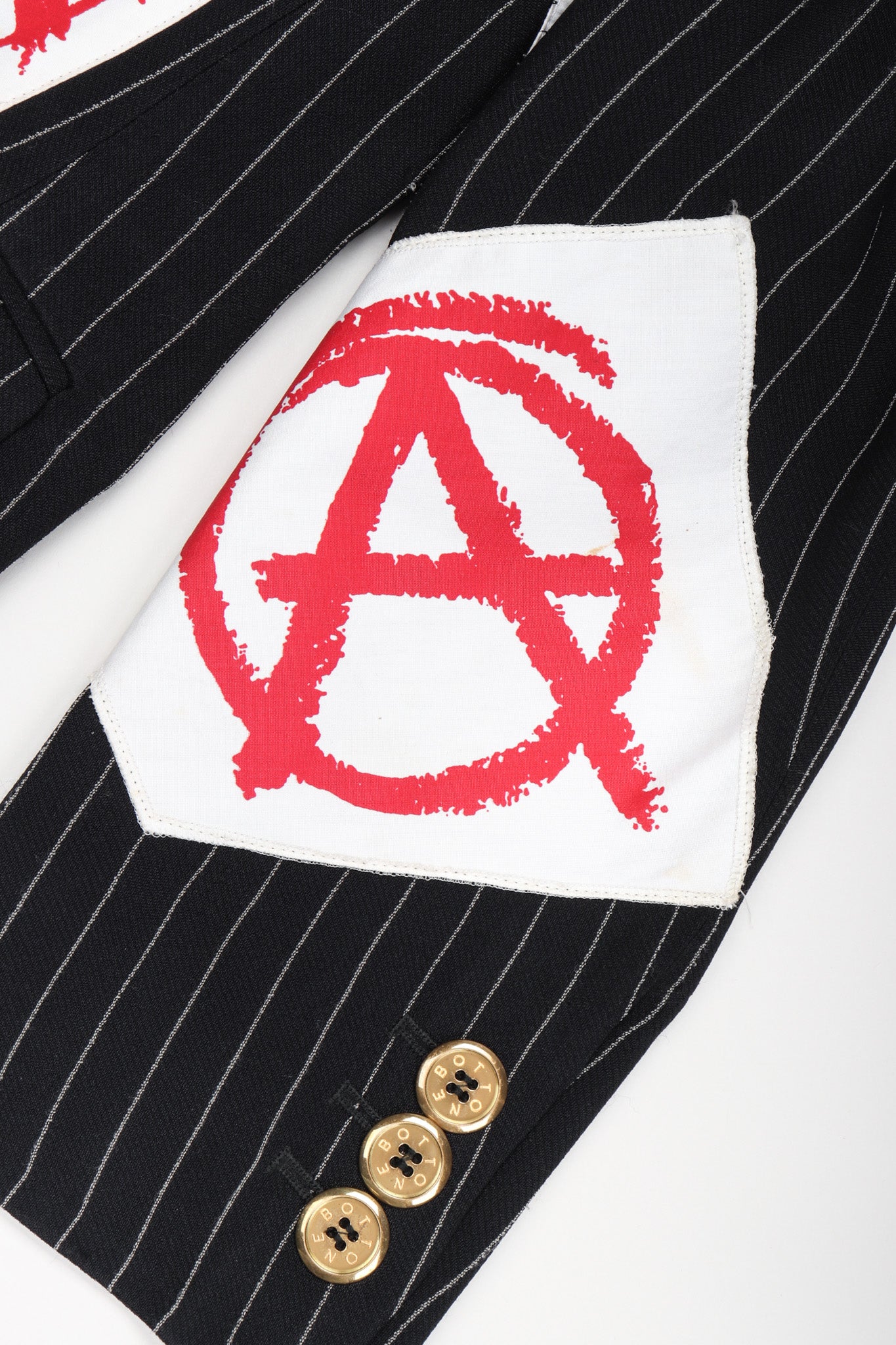 Recess Los Angeles Vintage Moschino Jeremy Scott Anarchy Anarchist Label Appliqué Rebel Pinstripe Jacket