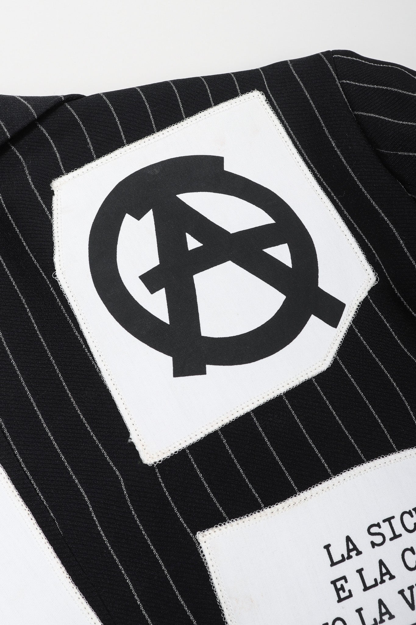 Recess Los Angeles Vintage Moschino Jeremy Scott Anarchy Anarchist Label Appliqué Rebel Pinstripe Jacket