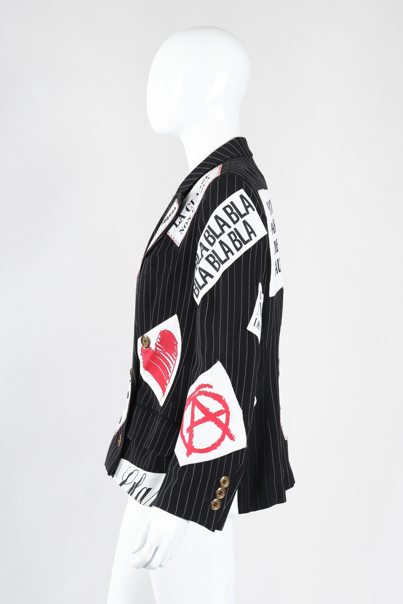 Recess Los Angeles Vintage Moschino Couture Repetita Juvant Jeremy Scott Anarchy Anarchist Label Appliqué Rebel Pinstripe Jacket