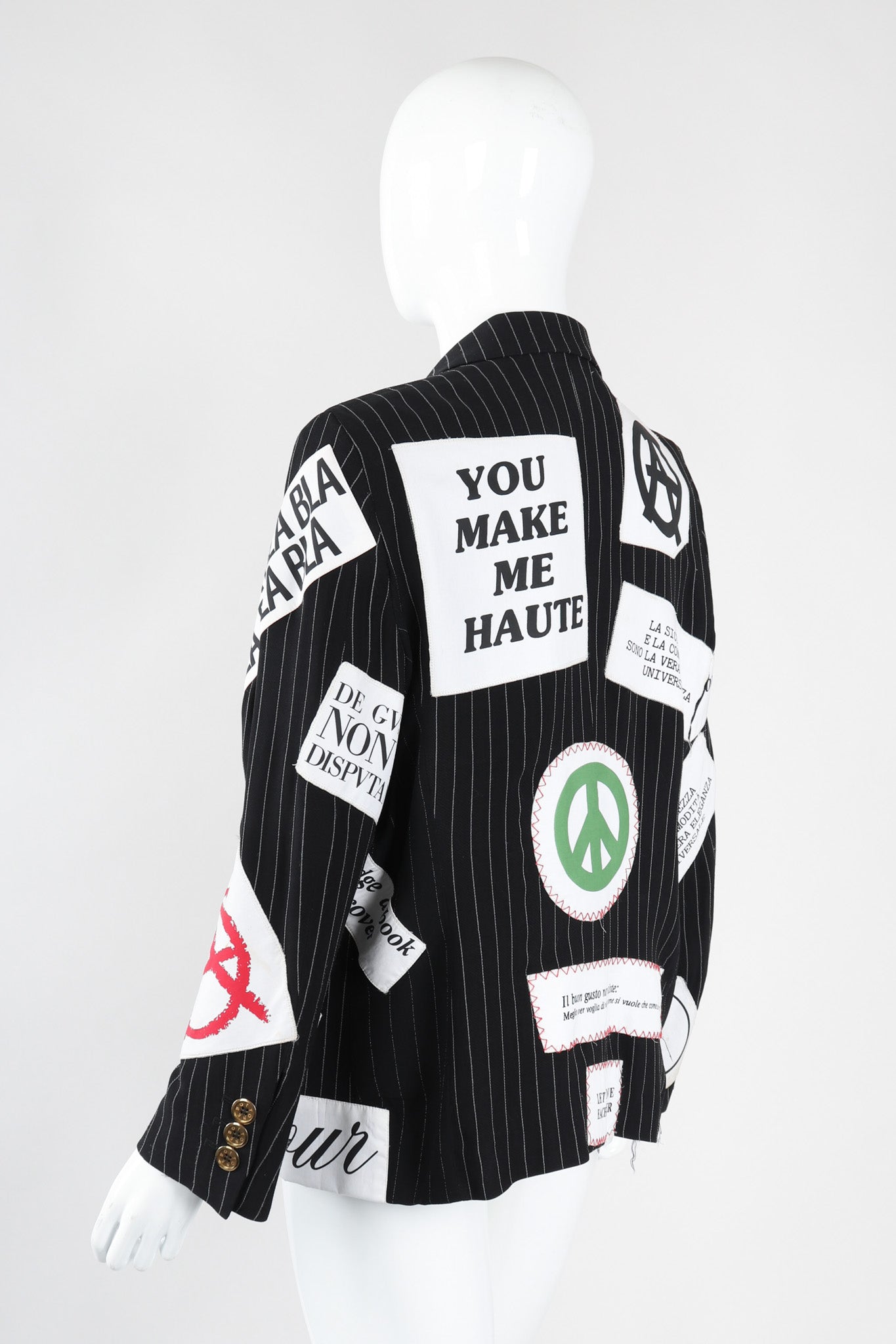 Recess Los Angeles Vintage Moschino Couture Repetita Juvant Jeremy Scott Anarchy Anarchist Label Appliqué Rebel Pinstripe Jacket