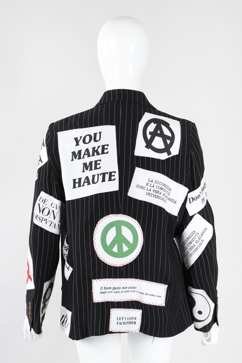 Recess Los Angeles Vintage Moschino Couture Repetita Juvant Jeremy Scott Anarchy Anarchist Label Appliqué Rebel Pinstripe Jacket