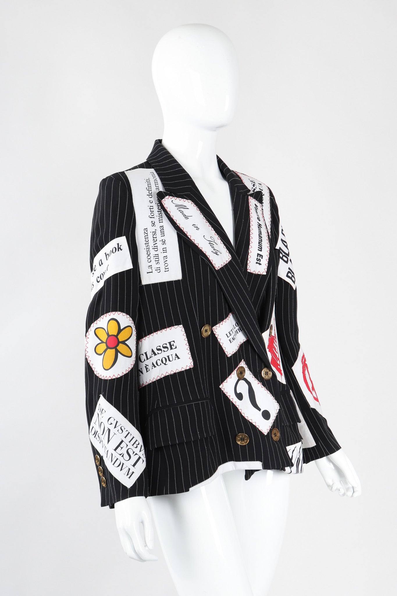 Recess Los Angeles Vintage Moschino Couture Repetita Juvant Jeremy Scott Anarchy Anarchist Label Appliqué Rebel Pinstripe Jacket