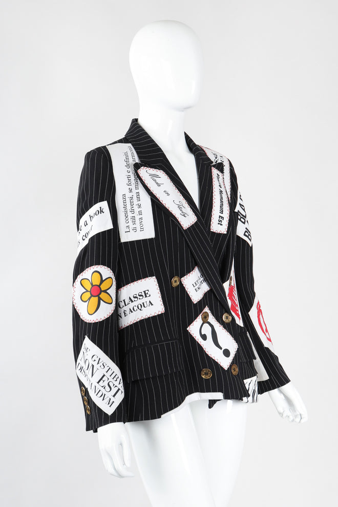 Recess Los Angeles Vintage Moschino Couture Repetita Juvant Jeremy Scott Anarchy Anarchist Label Appliqué Rebel Pinstripe Jacket