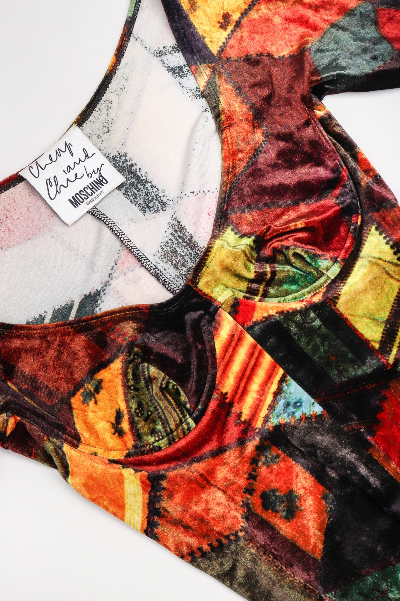 Recess Los Angeles Vintage Moschino Stretch Velvet Patchwork Print Underwire Dress