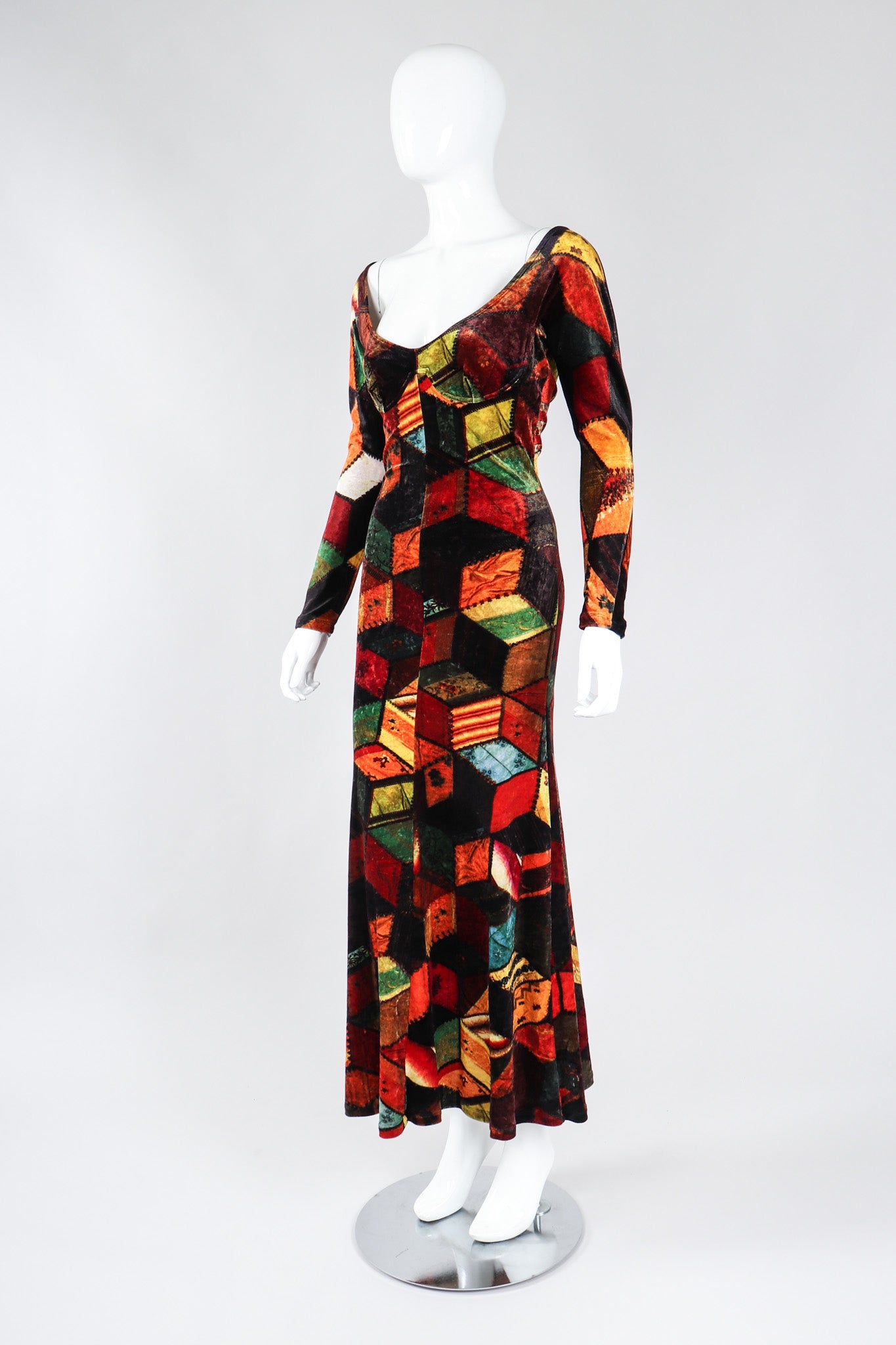 Recess Los Angeles Vintage Moschino Stretch Velvet Patchwork Print Underwire Dress