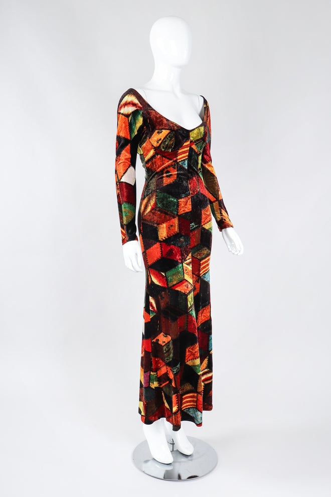 Recess Los Angeles Vintage Moschino Stretch Velvet Patchwork Print Underwire Dress