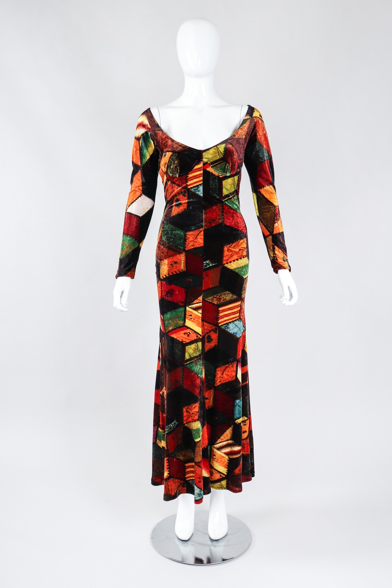 Recess Los Angeles Vintage Moschino Stretch Velvet Patchwork Print Underwire Dress