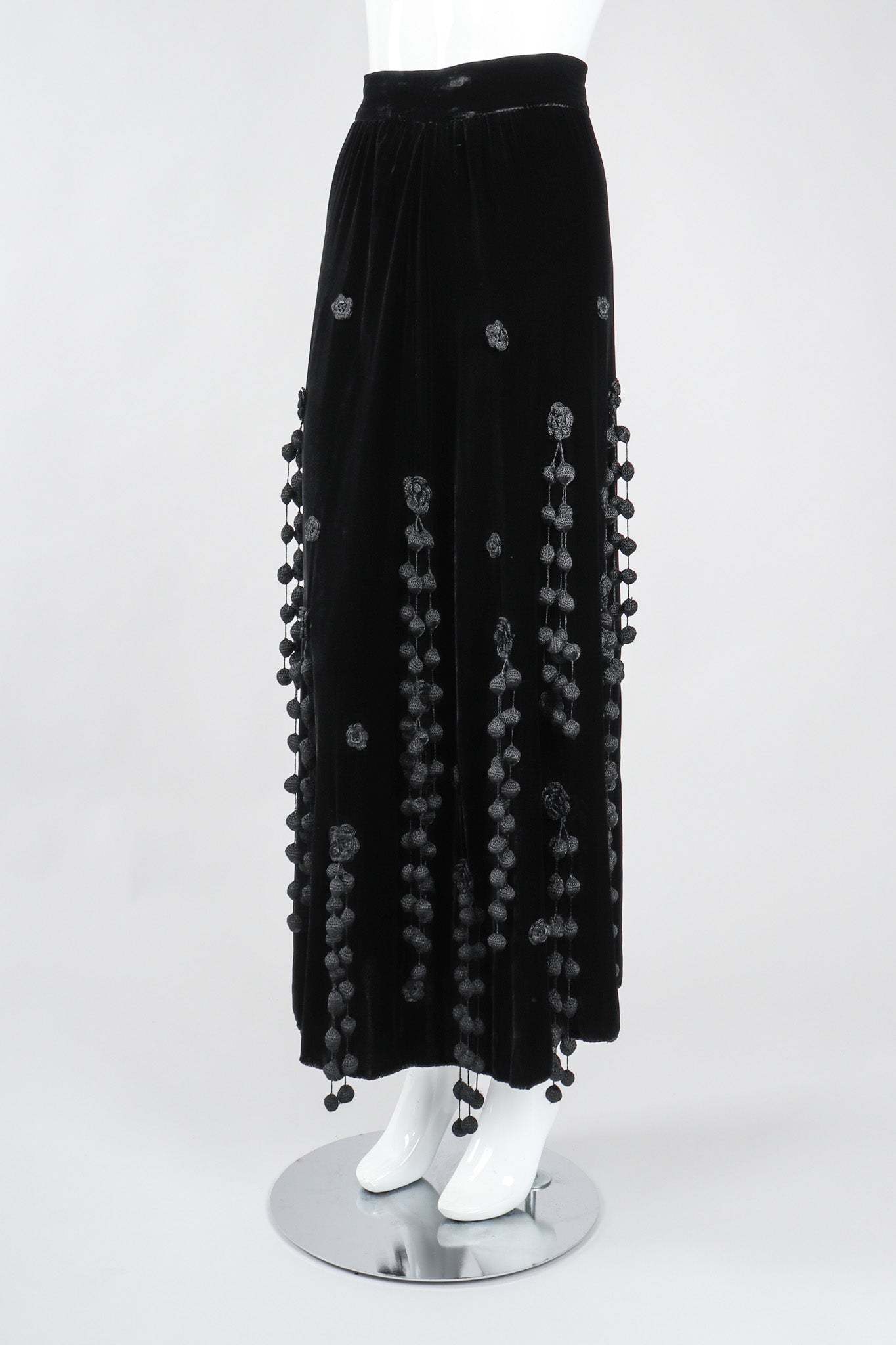 Recess Los Angeles Vintage Moschino Black Velvet Crochet Pompom Fringe Weeping Willow Skirt