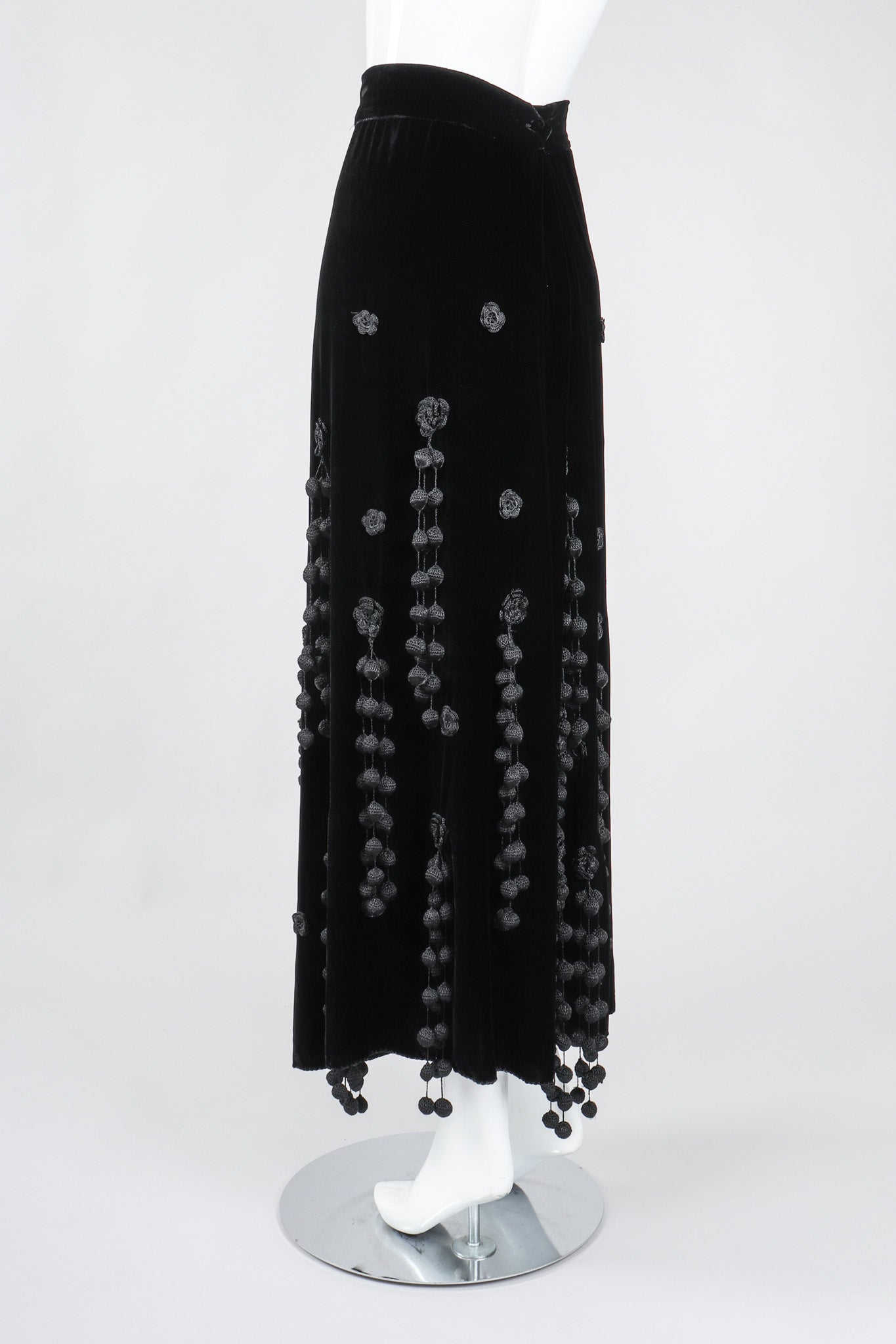 Recess Los Angeles Vintage Moschino Black Velvet Crochet Pompom Fringe Weeping Willow Skirt
