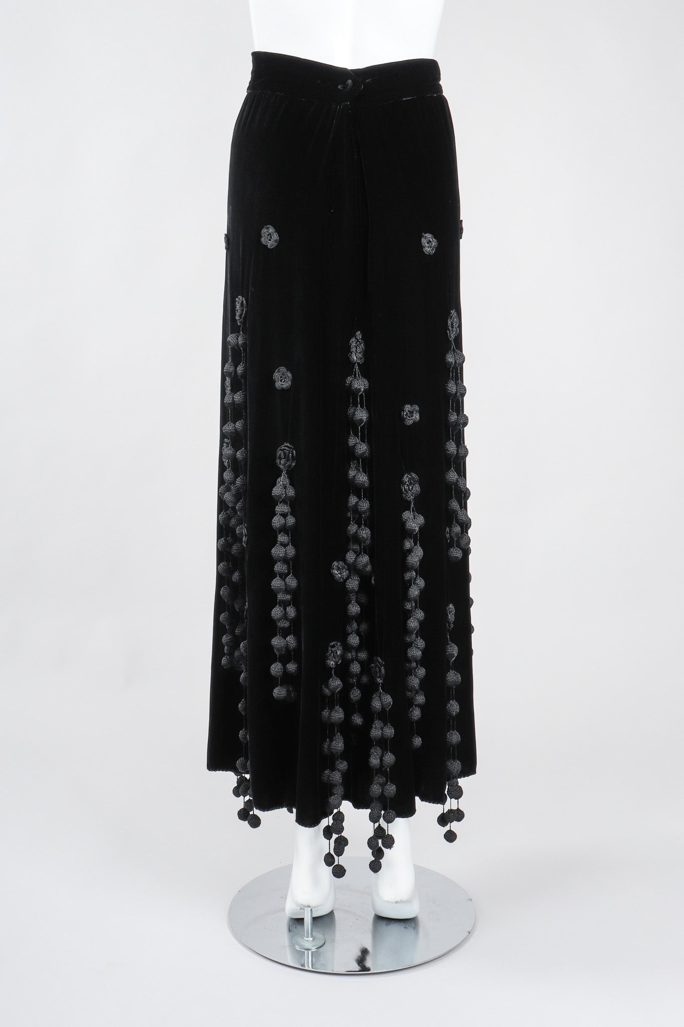 Recess Los Angeles Vintage Moschino Black Velvet Crochet Pompom Fringe Weeping Willow Skirt