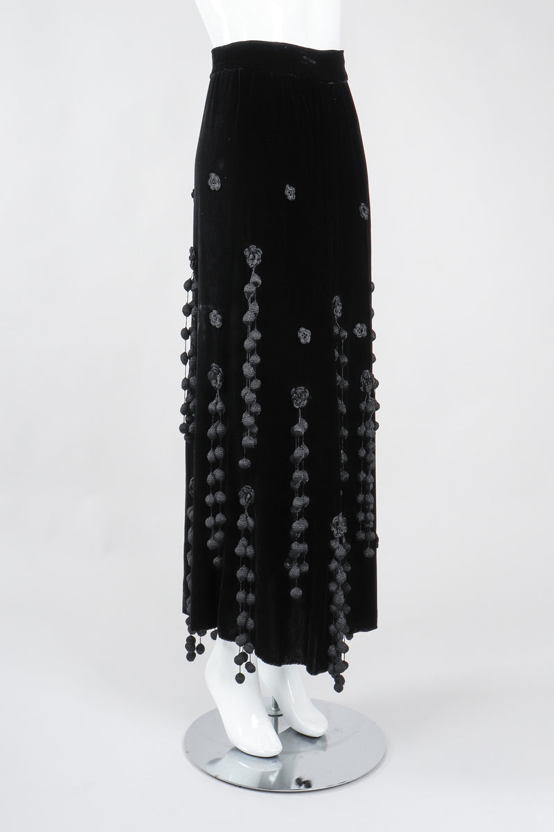Recess Los Angeles Vintage Moschino Black Velvet Crochet Pompom Fringe Weeping Willow Skirt