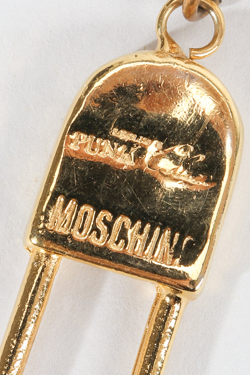 Vintage Moschino I Believe In Punk Chic Safety Pin Earrings logo stamp at Recess