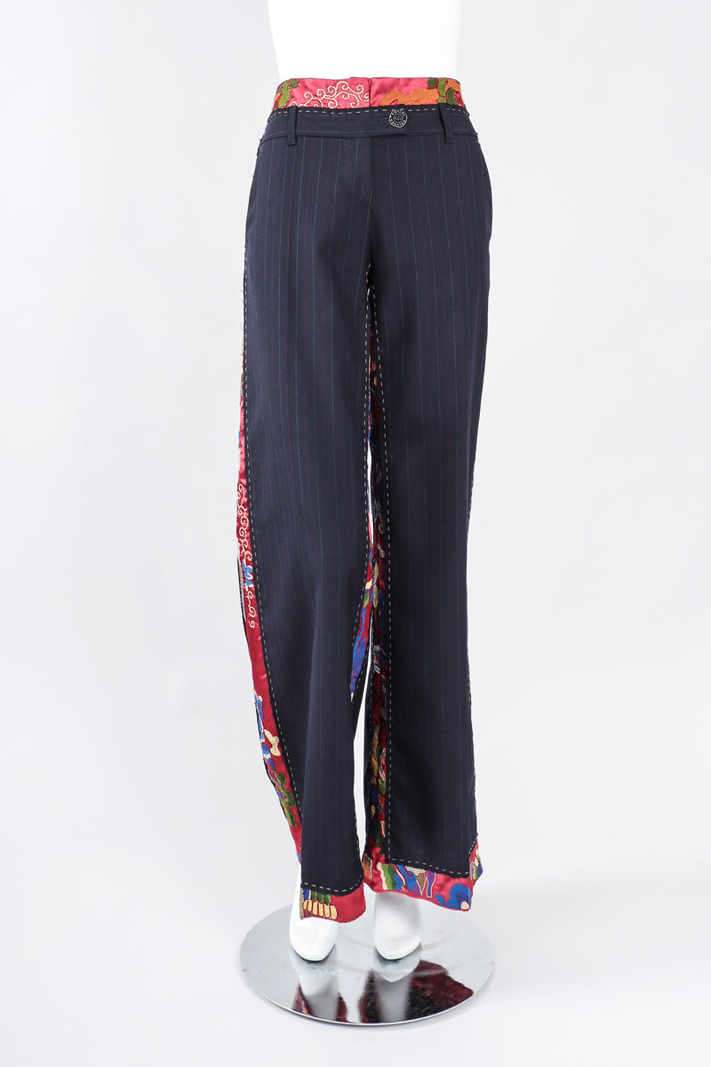 Recess Los Angeles Recess Los Angeles Designer Consignment Vintage Moschino Embroidered Silk Contrast Pinstripe Trouser Pant Consignment Vintage Moschino Embroidered Silk Contrast Pinstripe Trouser