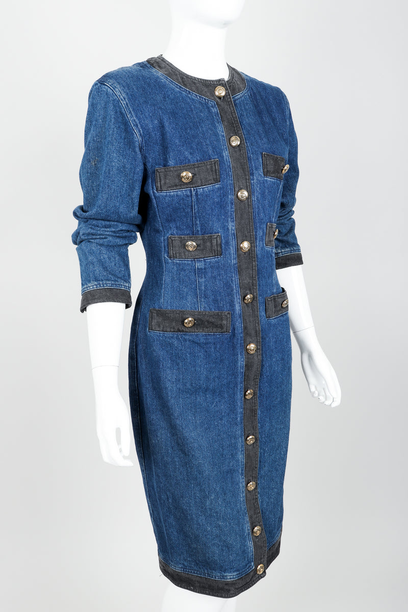 Vintage Moschino Denim Button Sheath Chanel Style Dress on Mannequin Angle Crop at Recess
