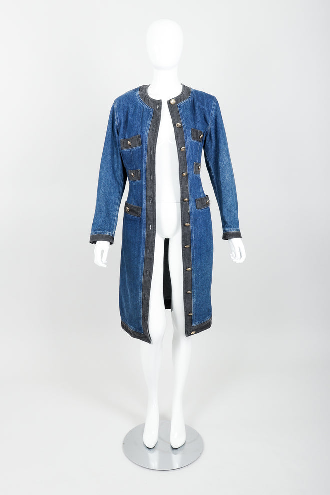 Vintage Moschino Denim Button Sheath Dress on Mannequin open at Recess Los Angeles