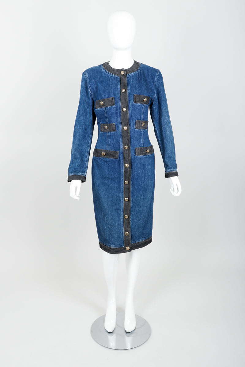 Vintage Moschino Denim Button Sheath Dress on Mannequin front at Recess Los Angeles