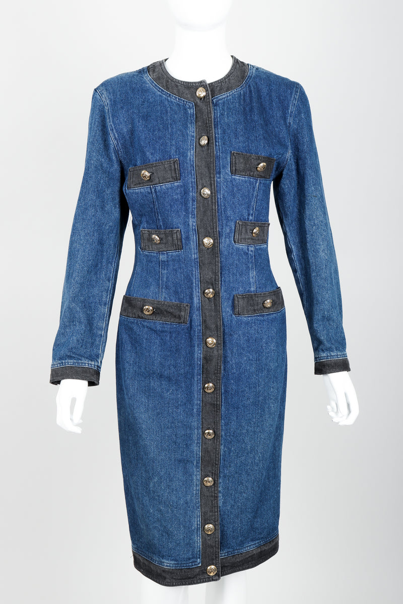 Vintage Moschino Denim Button Sheath Chanel Style Dress on Mannequin Crop at Recess Los Angeles