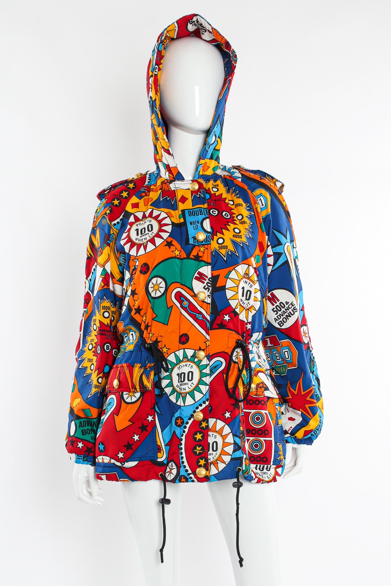 Vintage Moschino Jeans Casino Gambler Print Padded Jacket mannequin front hood on  @ Recess LA