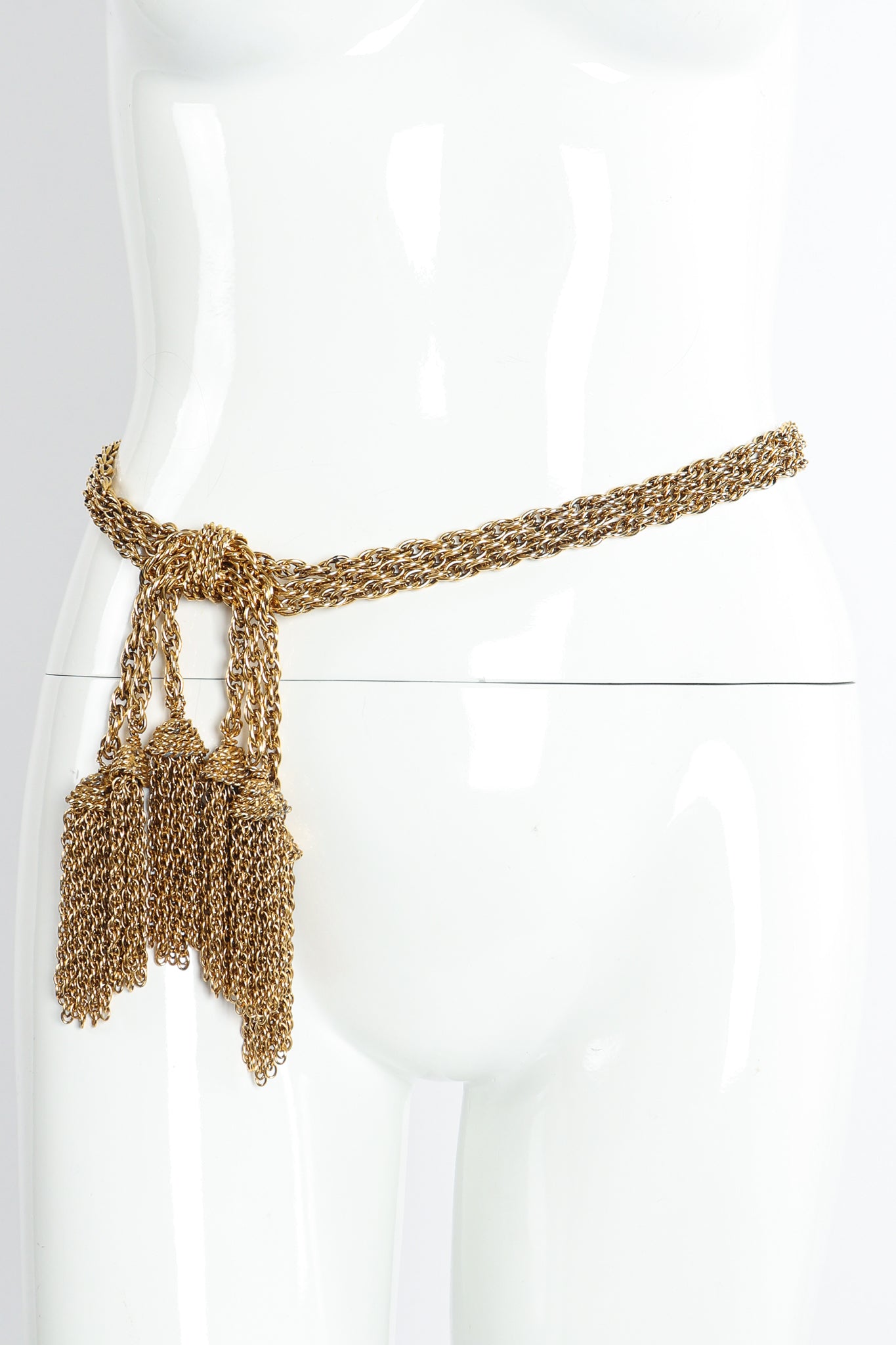 Vintage Moschino Gold Tassel Chain Belt Necklace on Mannequin at Recess Los Angeles