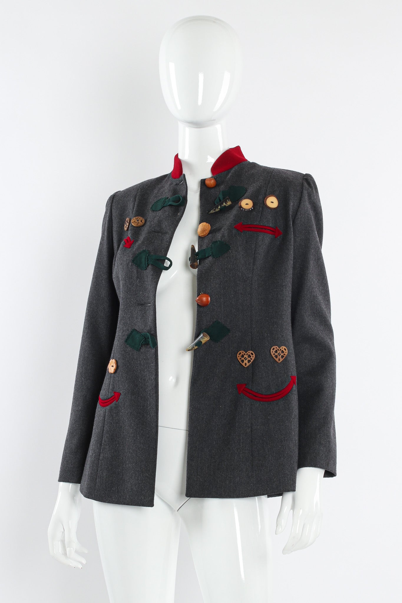 Vintage Moschino Face Expressions Acorn Wool Jacket mannequin unbuttoned @ Recess LA
