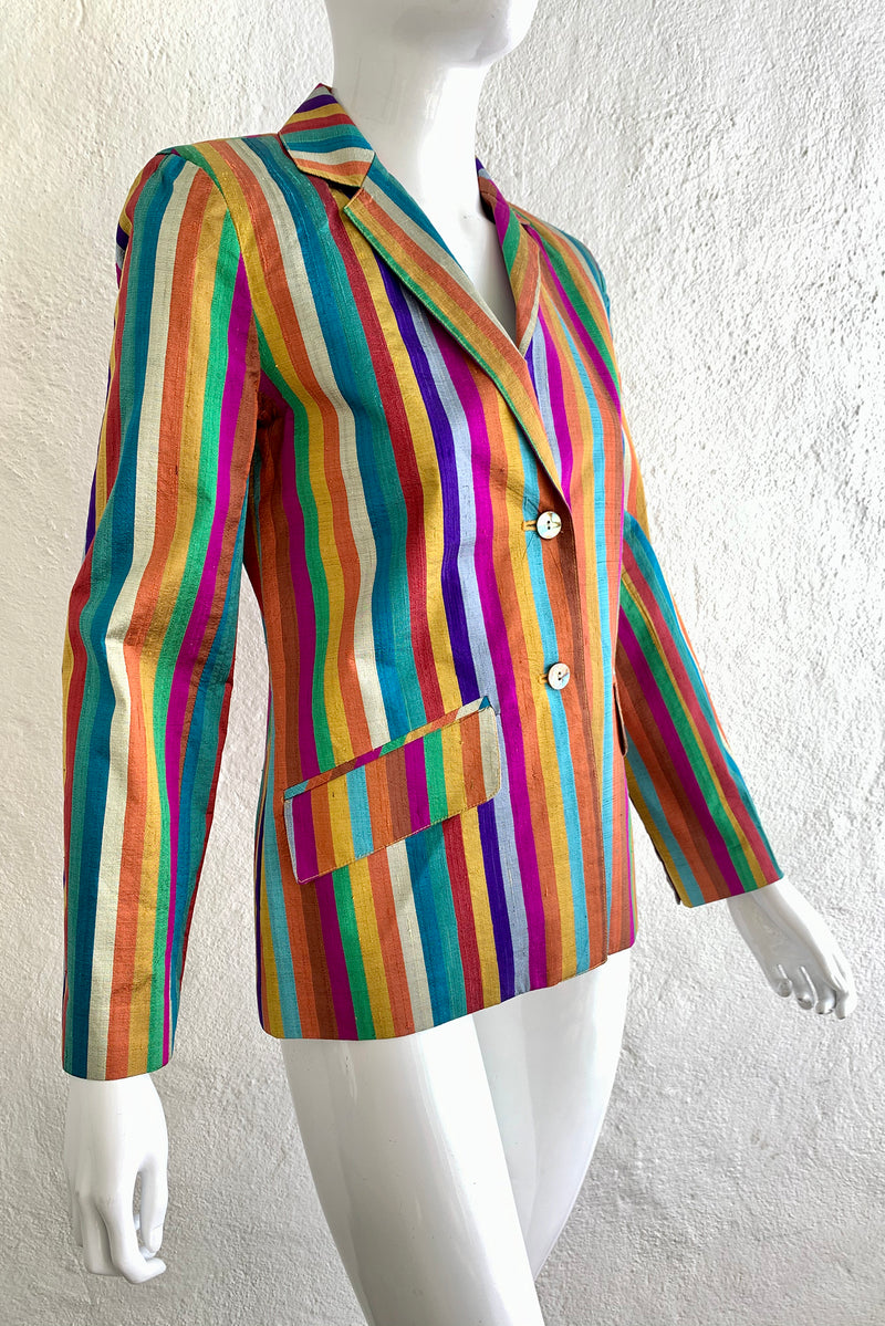 Vintage Mr. Blackwell Rainbow Stripe Raw Silk Jacket on Mannequin Angle at Recess Los Angeles