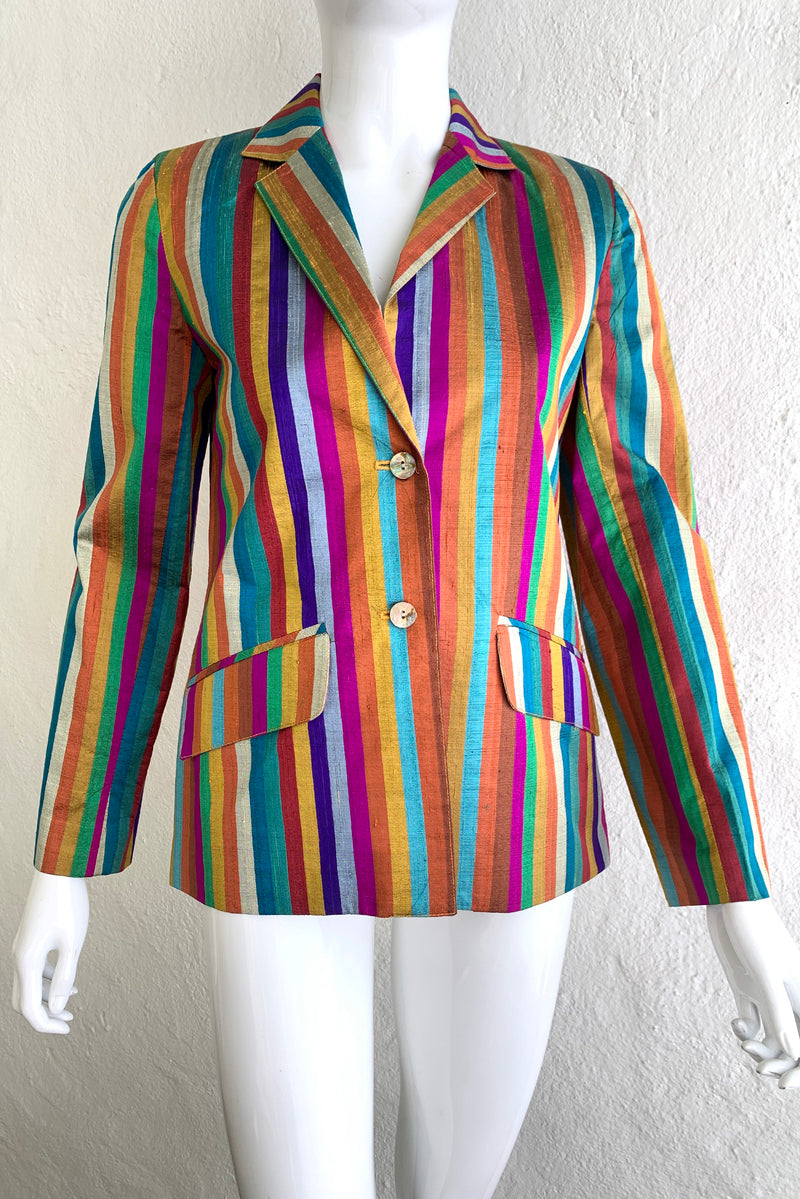Vintage Mr. Blackwell Rainbow Stripe Raw Silk Jacket on Mannequin front crop at Recess Los Angeles