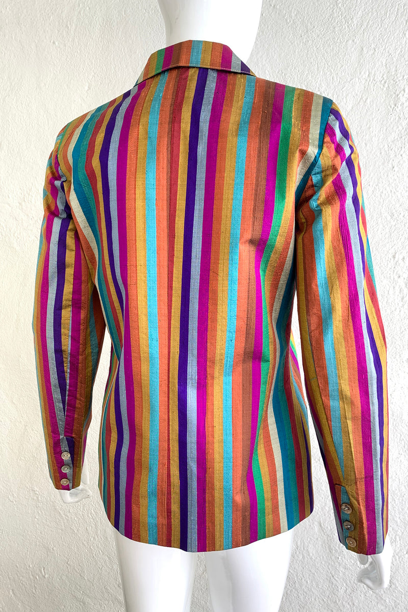 Vintage Mr. Blackwell Rainbow Stripe Raw Silk Jacket on Mannequin Angle Back at Recess Los Angeles