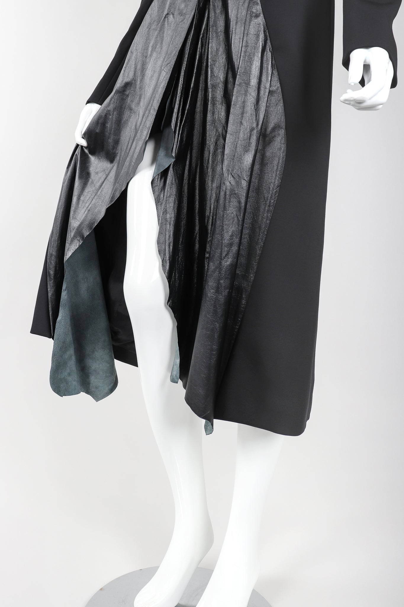 Recess Vintage Mugler Black Leather and Wool Tail Coat on Mannequin, Leather Skirt View