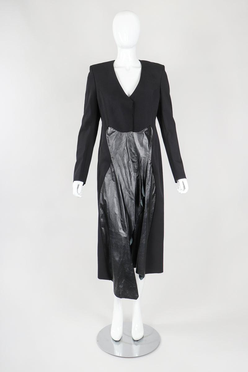 Recess Vintage Mugler Black Leather and Wool Tail Coat on Mannequin, Front View