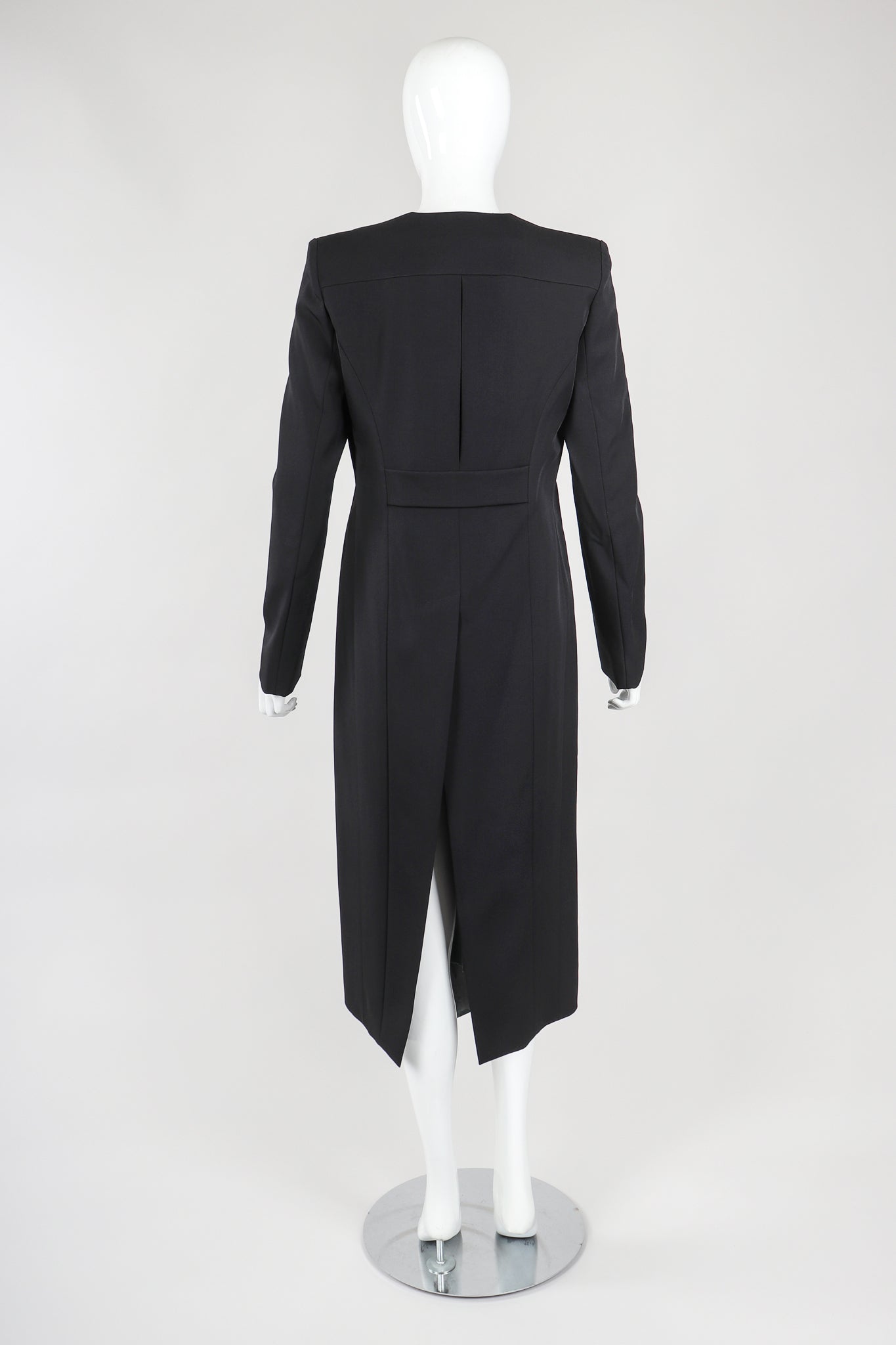 Recess Vintage Mugler Black Leather and Wool Tail Coat on Mannequin, Back View