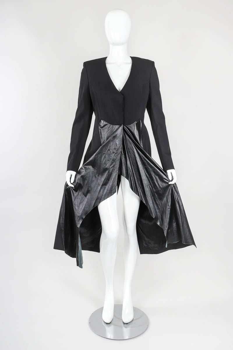 Recess Vintage Mugler Black Leather and Wool Tail Coat on Mannequin