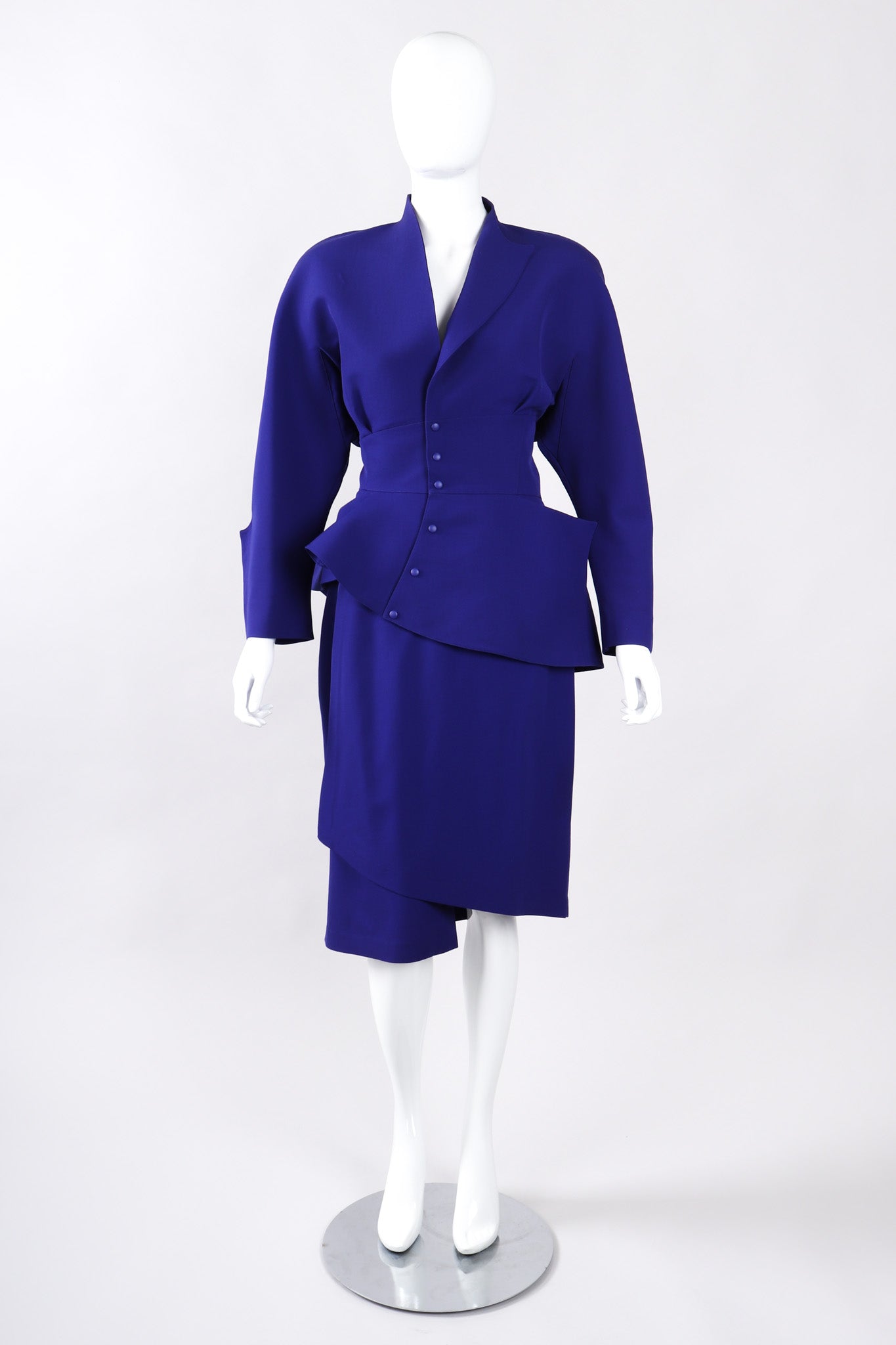 Recess Los Angeles Vintage Thierry Mugler Architectural Jacket Wrap Skirt Suit Set Fins Fitted Waist Violet Purple