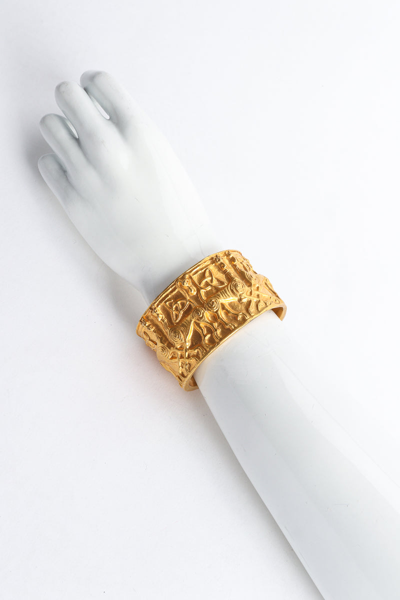 Vintage Metropolitan Museum of Art 1977 NMD Gold Xolo Dog Cuff Bracelet on arm at Recess LA