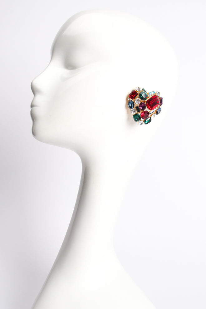 Vintage Les Bernard Vc Rainbow Crystal Heart Earrings on mannequin at Recess Los Angeles