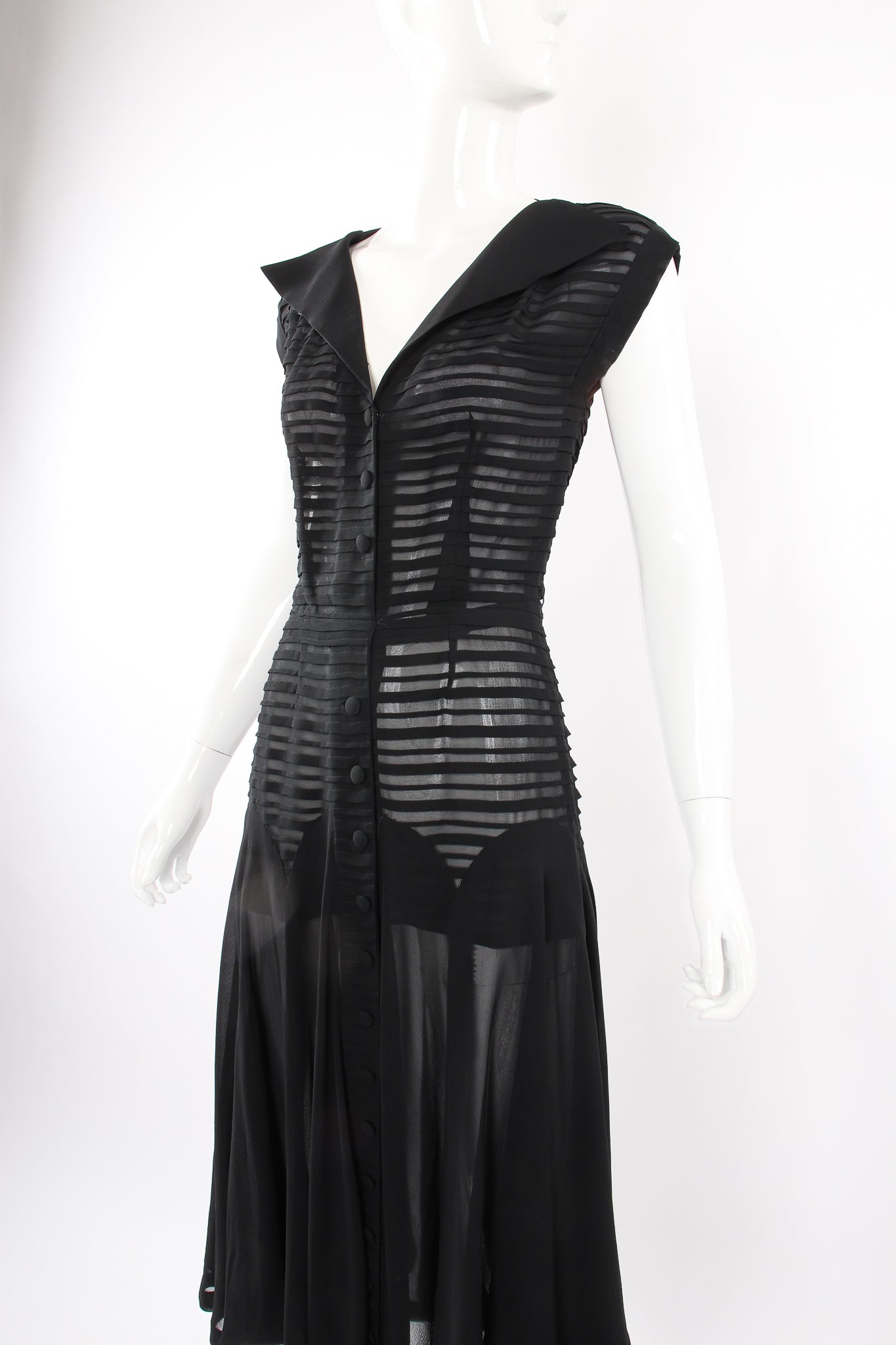 Vintage 30s 40s Silk Chiffon Pintuck Dress on Mannequin angle at Recess Los Angeles