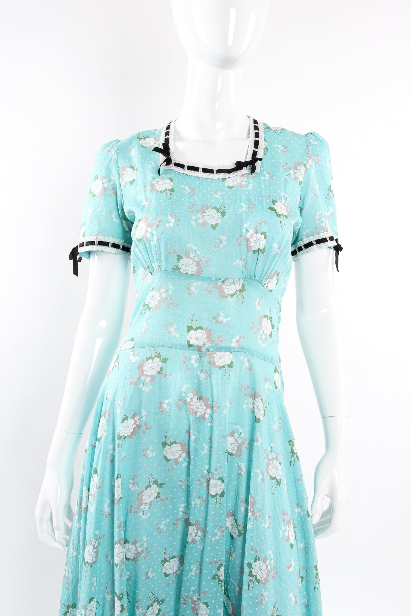 Vintage Cotton Floral Swiss Dot Maxi Dress on Mannequin front crop at Recess Los Angeles