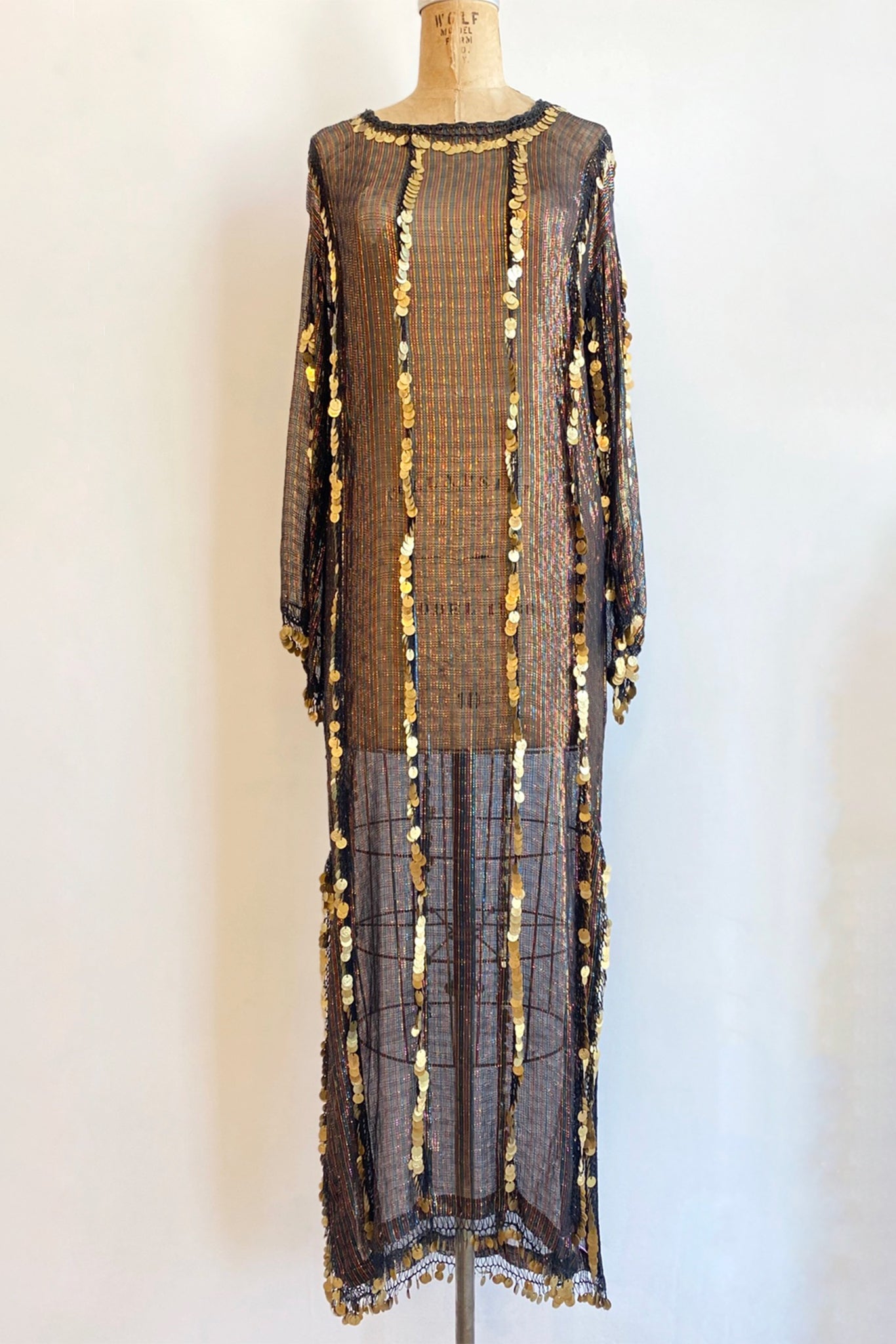 Vintage Sheer Metallic Coin Fringe Dress on Dressform Front at Recess Los Angeles