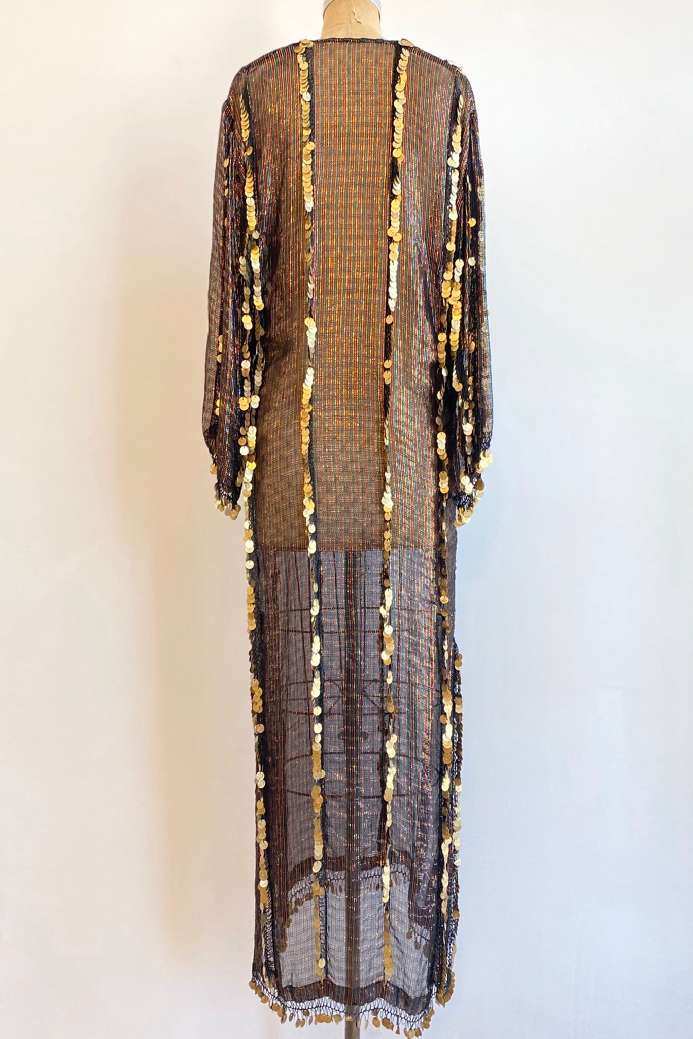 Vintage Sheer Metallic Coin Fringe Dress on Dressform Back at Recess Los Angeles