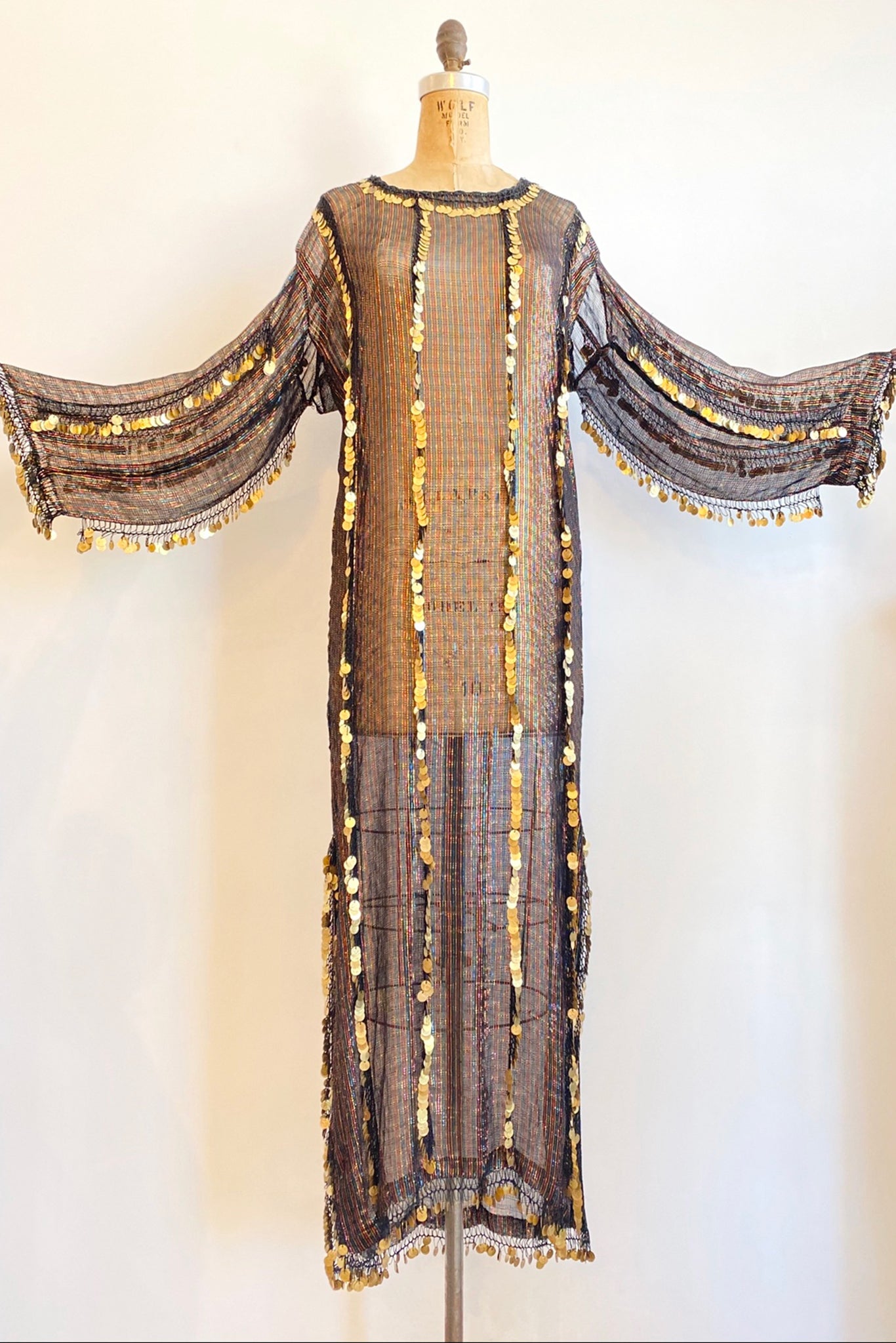 Vintage Sheer Metallic Coin Fringe Dress on Dressform Sleeves at Recess Los Angeles