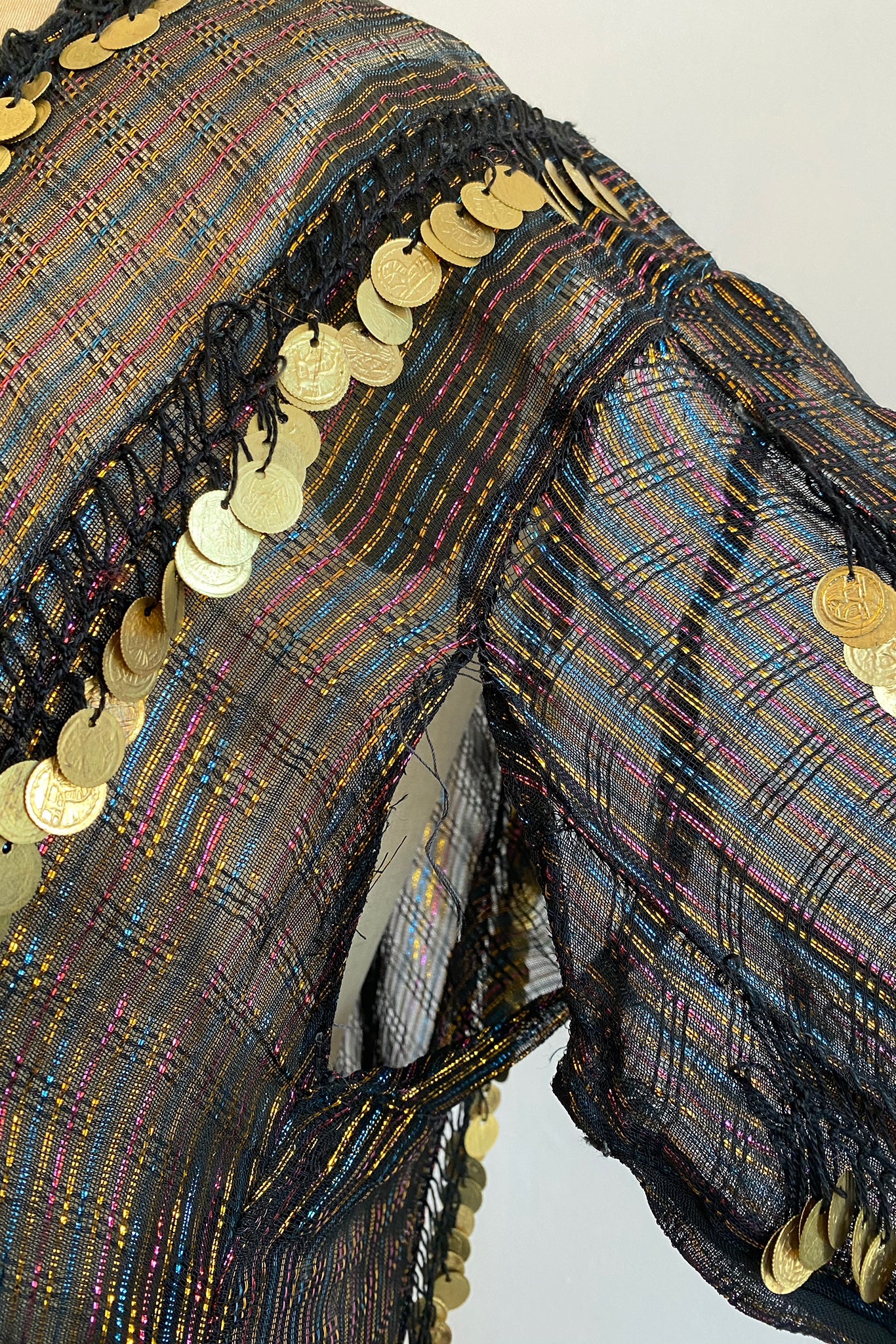 Vintage Sheer Metallic Coin Fringe Dress on Dressform Underarm Seams at Recess Los Angeles