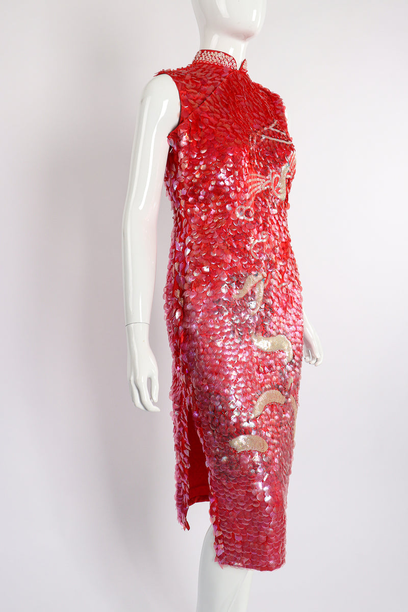 Vintage Sequined Cheongsam Sheath Dress on Mannequin Angle Crop at Recess Los Angeles