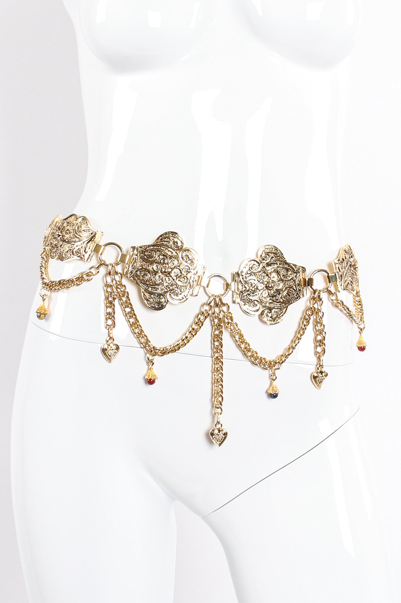 Vintage Italian Gold Filigree Draped Chain Belt on mannequin waist at Recess Los Angeles