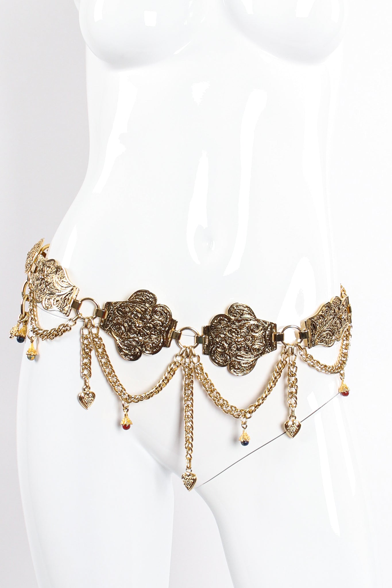 Vintage Italian Gold Filigree Draped Chain Belt on mannequin hip at Recess Los Angeles
