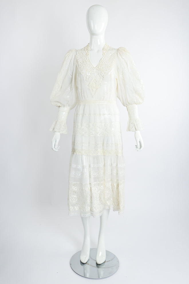 Vintage 1930s Sheer Lace Balloon Sleeve Wedding Bridal Dress on Mannequin Front at Recess LA